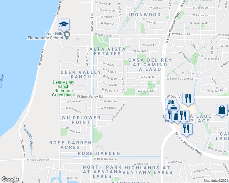 map of restaurants, bars, coffee shops, grocery stores, and more near 10542 West Via Del Sol in Peoria