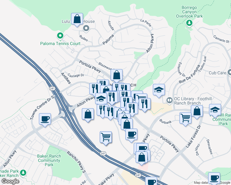 map of restaurants, bars, coffee shops, grocery stores, and more near in Lake Forest
