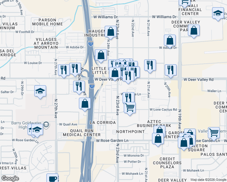 map of restaurants, bars, coffee shops, grocery stores, and more near 21611 North 23rd Avenue in Phoenix
