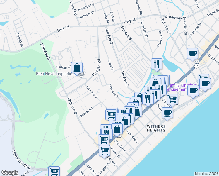 map of restaurants, bars, coffee shops, grocery stores, and more near 722 Sandridge Place in Myrtle Beach