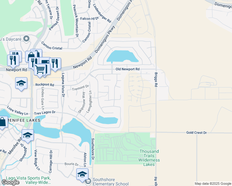map of restaurants, bars, coffee shops, grocery stores, and more near 30182 Muirlands Drive in Menifee