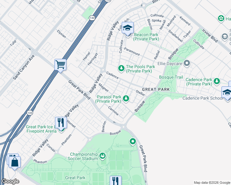 map of restaurants, bars, coffee shops, grocery stores, and more near 325 Magnet in Irvine