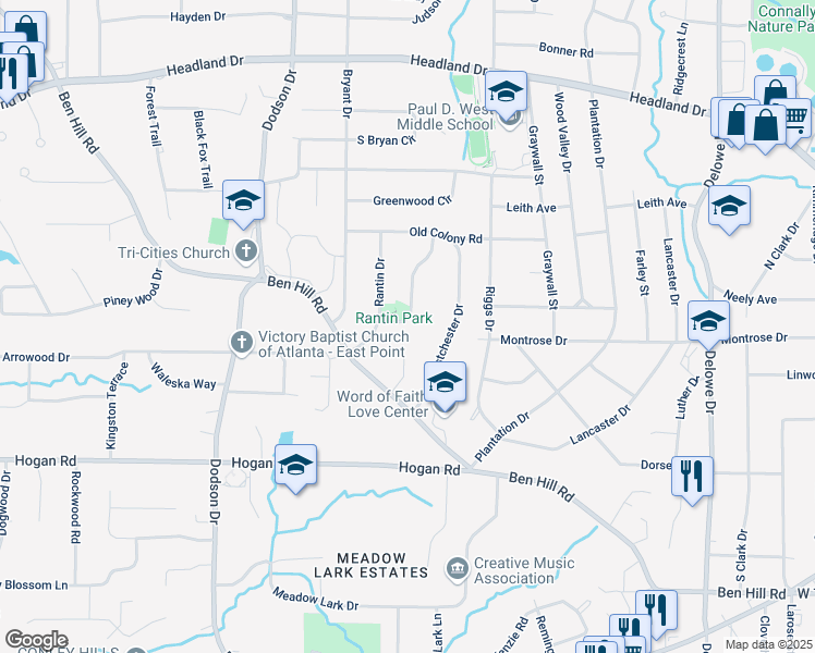 map of restaurants, bars, coffee shops, grocery stores, and more near 2670 Harmony Way in East Point