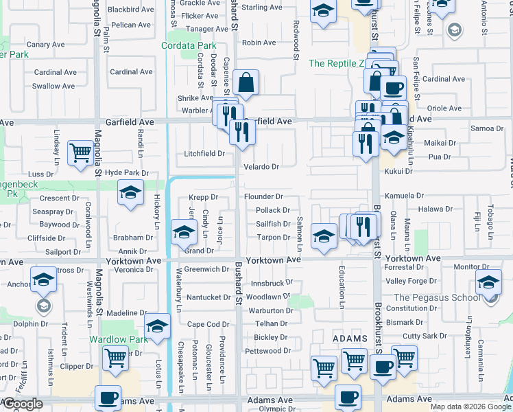 map of restaurants, bars, coffee shops, grocery stores, and more near 9561 Pollack Dr in Huntington Beach