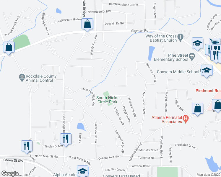 map of restaurants, bars, coffee shops, grocery stores, and more near 1436 Reagan Circle Northwest in Conyers