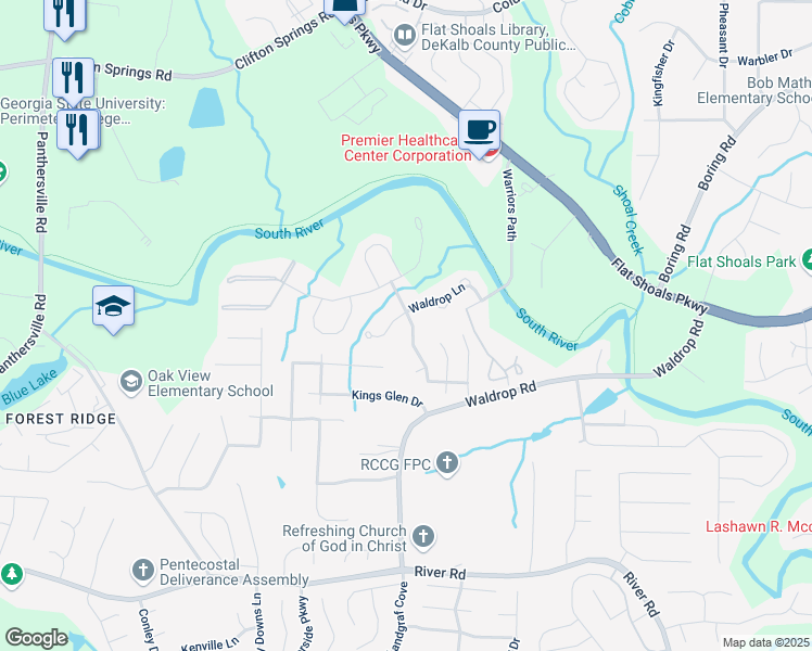 map of restaurants, bars, coffee shops, grocery stores, and more near 3151 Kingswood Glen in Decatur