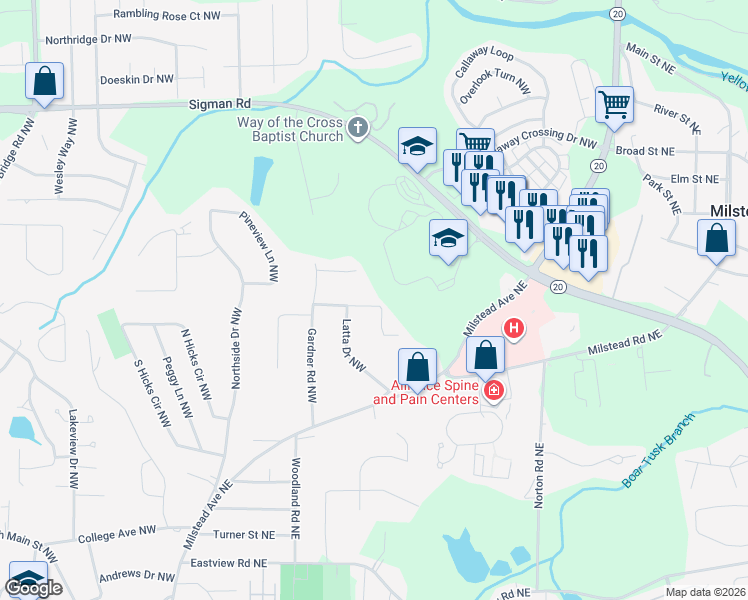 map of restaurants, bars, coffee shops, grocery stores, and more near 631 Oak Drive Northwest in Conyers