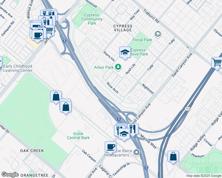 map of restaurants, bars, coffee shops, grocery stores, and more near 186 Rose Arch in Irvine