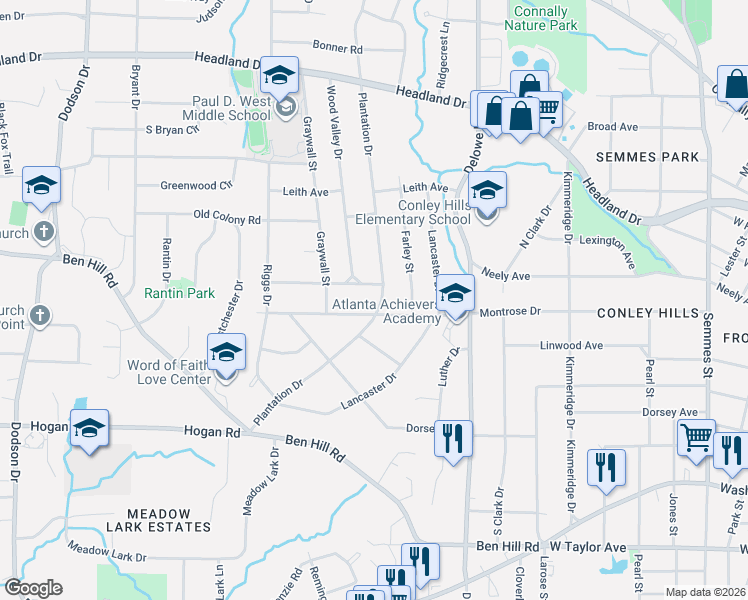 map of restaurants, bars, coffee shops, grocery stores, and more near 2681 Plantation Drive in East Point