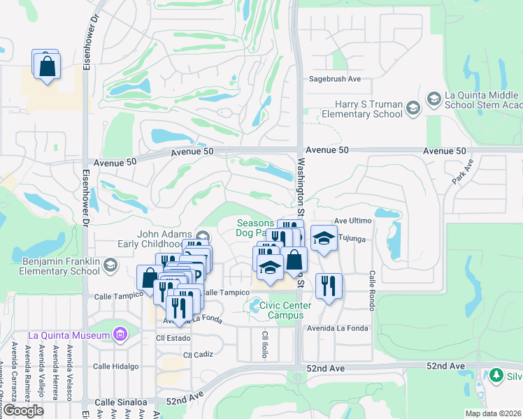 map of restaurants, bars, coffee shops, grocery stores, and more near 78340 Calle Las Ramblas in La Quinta