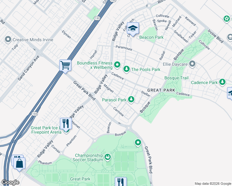 map of restaurants, bars, coffee shops, grocery stores, and more near 327 Magnet in Irvine