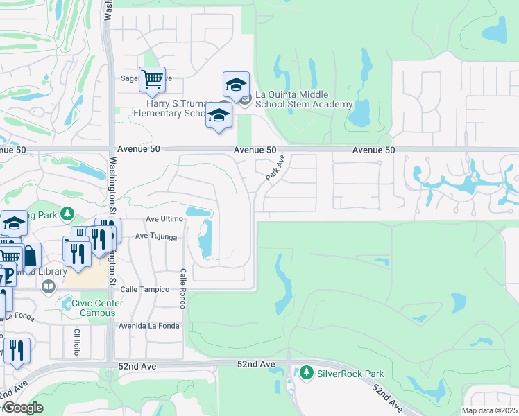 map of restaurants, bars, coffee shops, grocery stores, and more near 50445 Mountain Shadows Road in La Quinta
