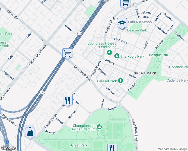 map of restaurants, bars, coffee shops, grocery stores, and more near 105 Interval in Irvine