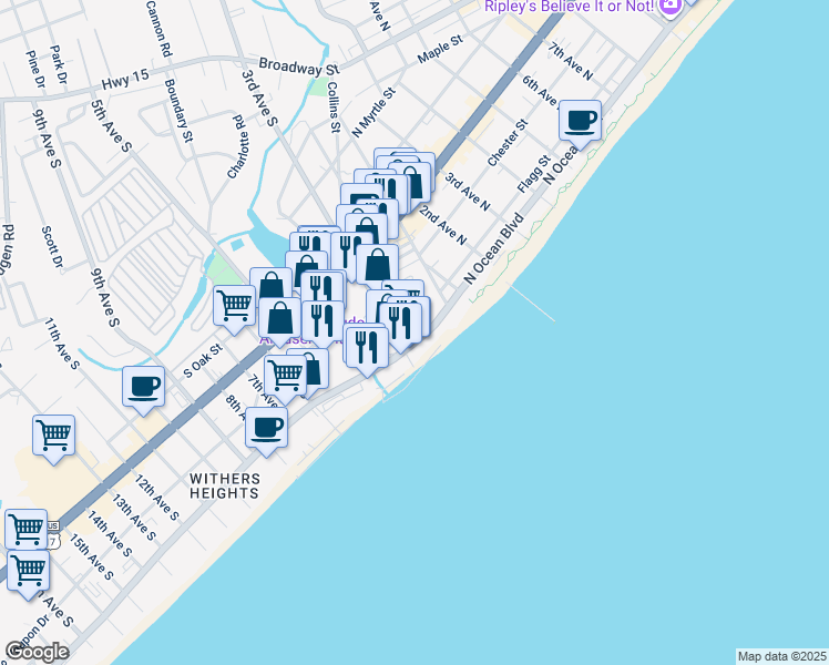 map of restaurants, bars, coffee shops, grocery stores, and more near 202 South Ocean Boulevard in Myrtle Beach