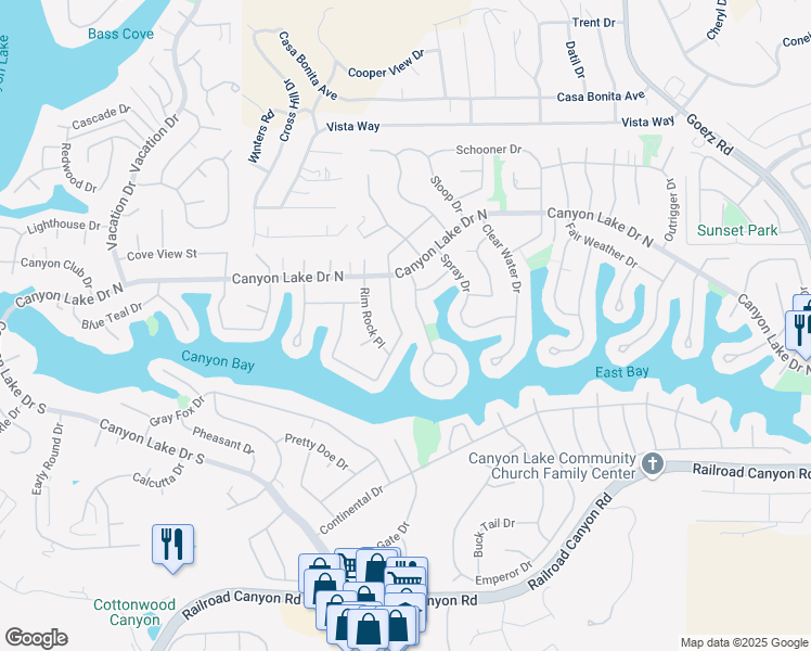 map of restaurants, bars, coffee shops, grocery stores, and more near 30213 Gulf Stream Drive in Canyon Lake