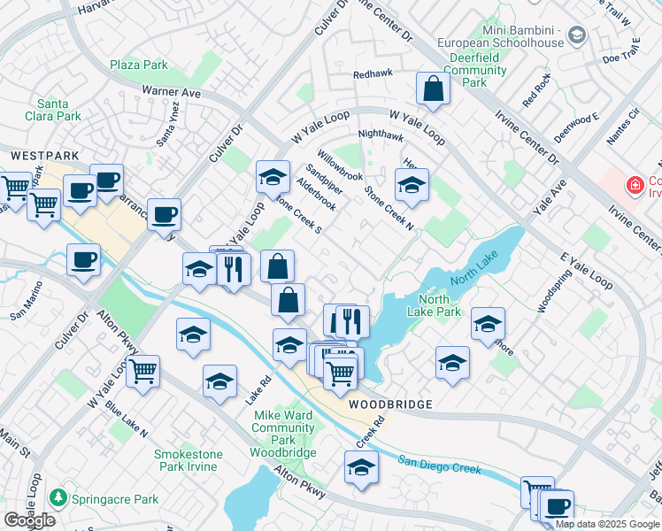 map of restaurants, bars, coffee shops, grocery stores, and more near 12 Starflower in Irvine