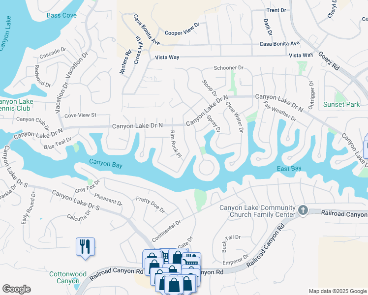 map of restaurants, bars, coffee shops, grocery stores, and more near 30213 Gulf Stream Drive in Canyon Lake