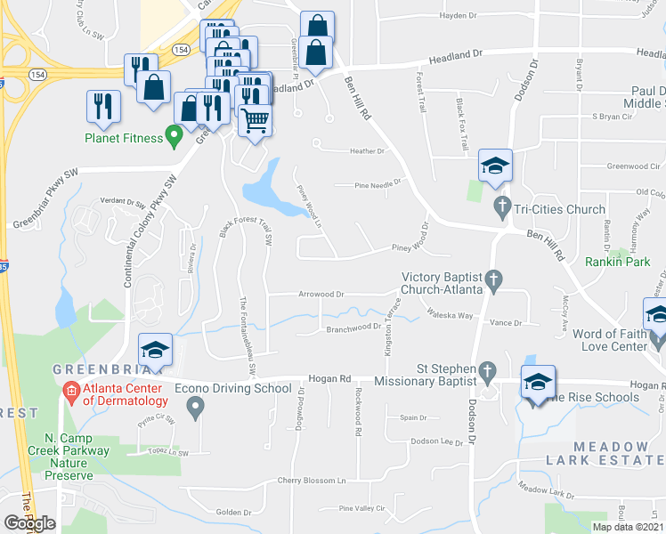 map of restaurants, bars, coffee shops, grocery stores, and more near 2920 Piney Wood Drive in East Point
