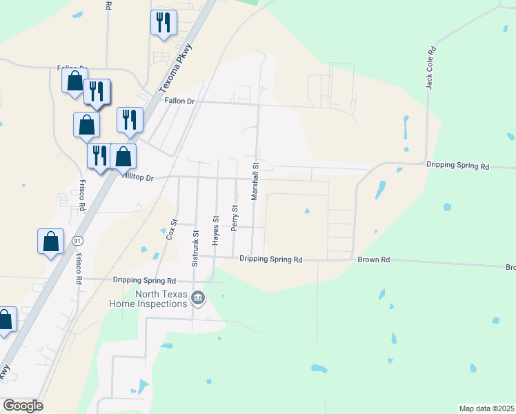 map of restaurants, bars, coffee shops, grocery stores, and more near 4507 Marshall Street in Sherman