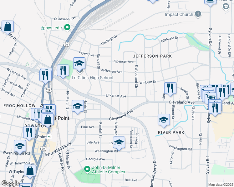 map of restaurants, bars, coffee shops, grocery stores, and more near 1297 East Forrest Avenue in Atlanta