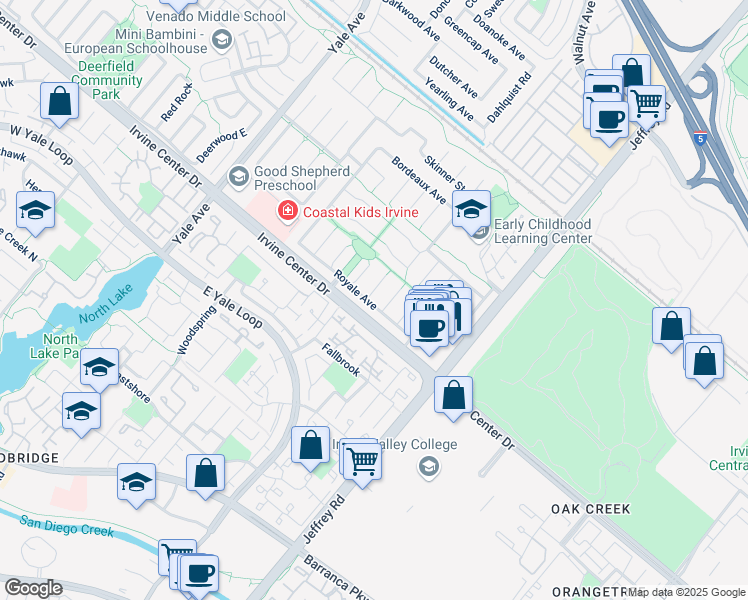 map of restaurants, bars, coffee shops, grocery stores, and more near 15452 Orleans Circle in Irvine