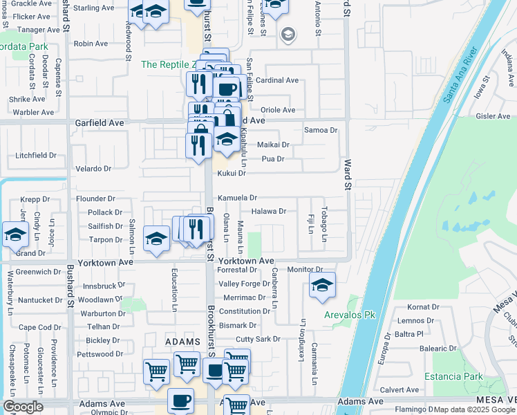 map of restaurants, bars, coffee shops, grocery stores, and more near 10171 Halawa Drive in Huntington Beach
