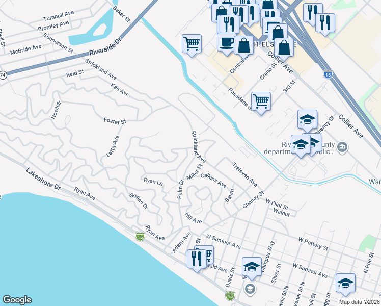 map of restaurants, bars, coffee shops, grocery stores, and more near Mountain View West in Lake Elsinore