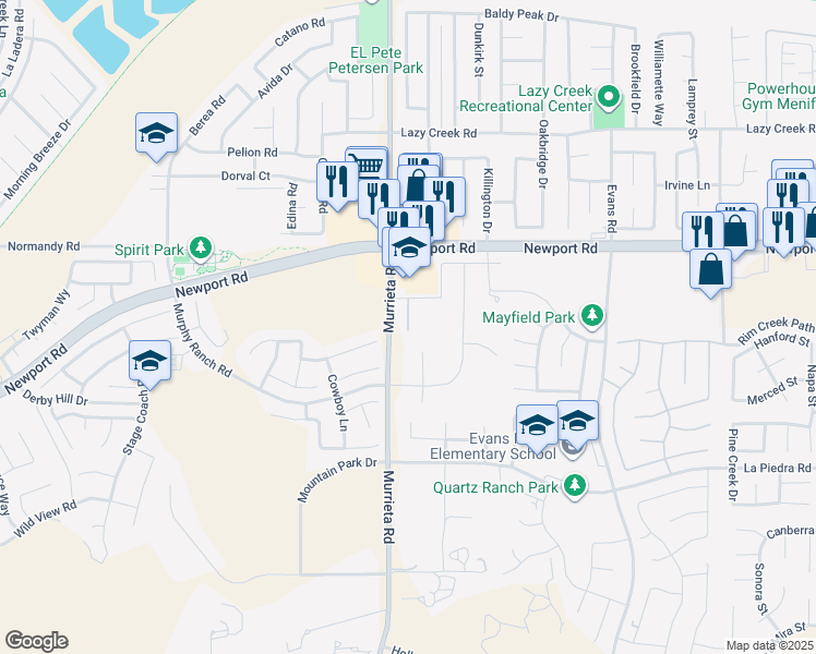 map of restaurants, bars, coffee shops, grocery stores, and more near 30205 Bauman Lane in Menifee