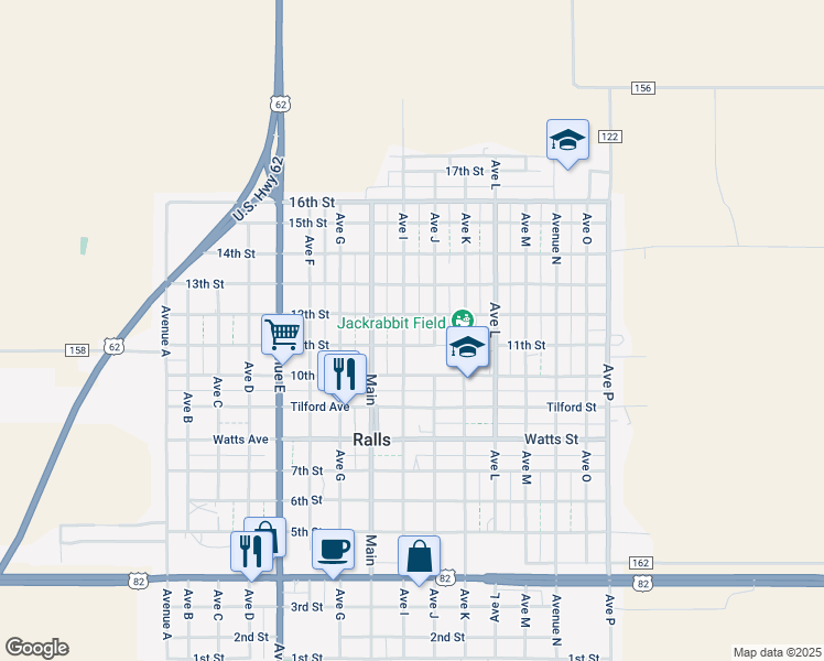 map of restaurants, bars, coffee shops, grocery stores, and more near 1102-1106 Ave J in Ralls