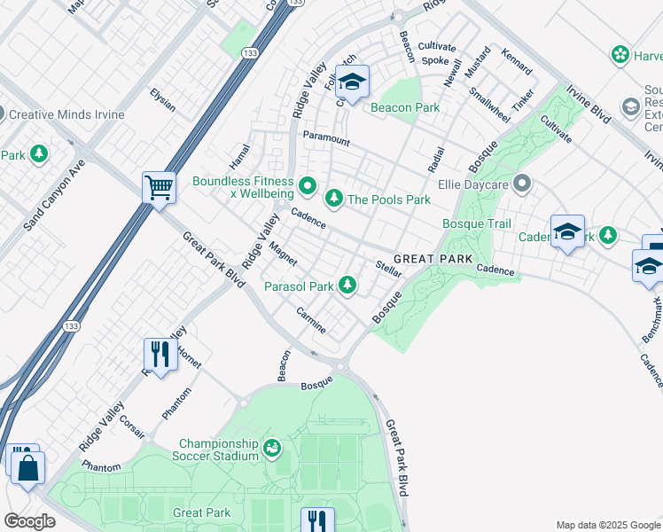 map of restaurants, bars, coffee shops, grocery stores, and more near 755 Beacon in Irvine