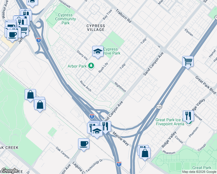 map of restaurants, bars, coffee shops, grocery stores, and more near 57 Bay Laurel in Irvine