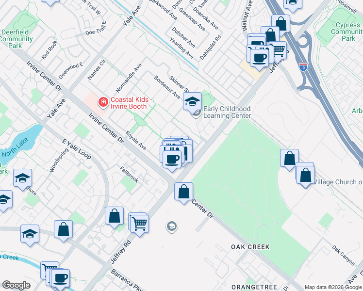map of restaurants, bars, coffee shops, grocery stores, and more near 15336 Nimes Circle in Irvine