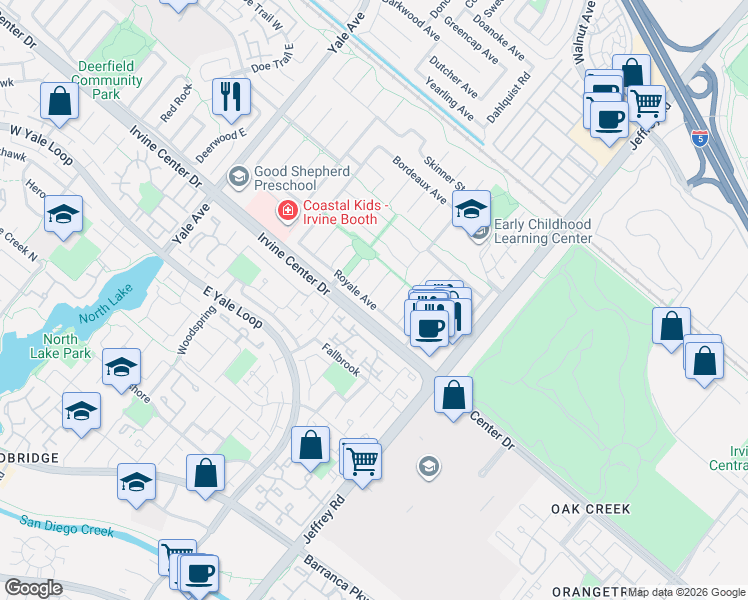 map of restaurants, bars, coffee shops, grocery stores, and more near 15452 Orleans Circle in Irvine