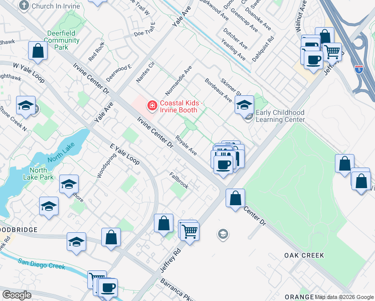 map of restaurants, bars, coffee shops, grocery stores, and more near 15452 Orleans Circle in Irvine