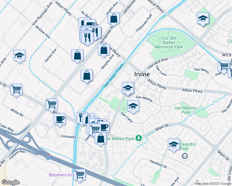 map of restaurants, bars, coffee shops, grocery stores, and more near 81 Costero Aisle in Irvine