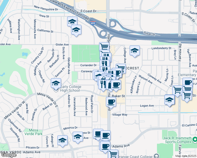 map of restaurants, bars, coffee shops, grocery stores, and more near 3094 Mace Avenue in Costa Mesa