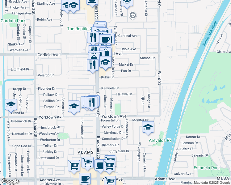 map of restaurants, bars, coffee shops, grocery stores, and more near 10171 Halawa Drive in Huntington Beach