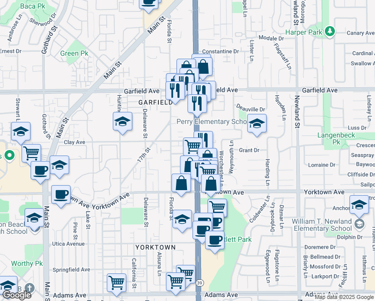 map of restaurants, bars, coffee shops, grocery stores, and more near 719 Owen Drive in Huntington Beach
