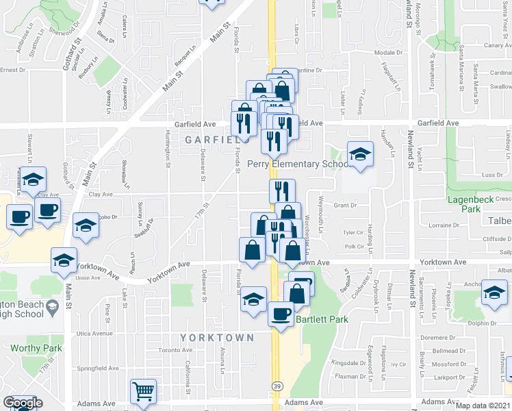 map of restaurants, bars, coffee shops, grocery stores, and more near 719 Owen Drive in Huntington Beach