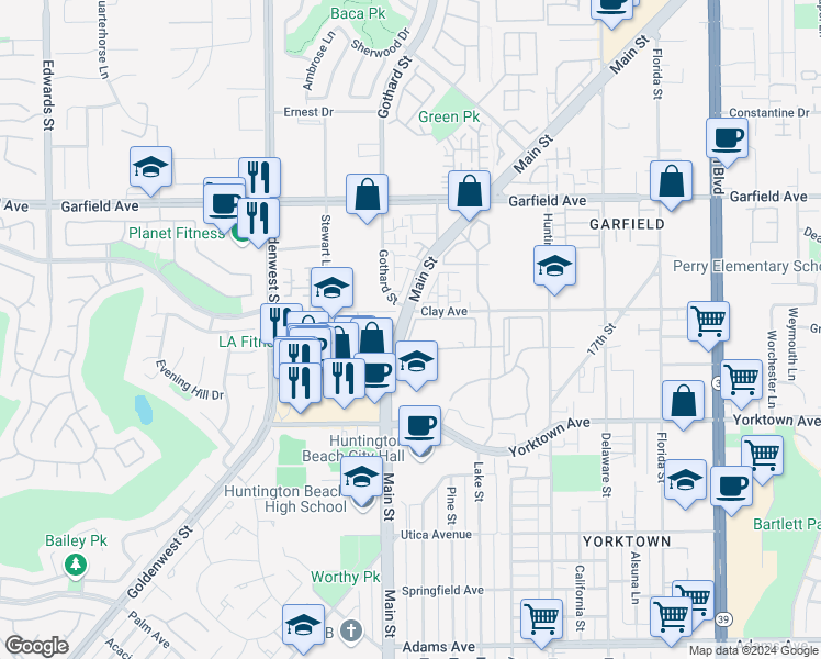 map of restaurants, bars, coffee shops, grocery stores, and more near 7282 Yellowtail Drive in Huntington Beach