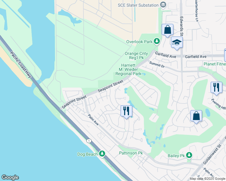 map of restaurants, bars, coffee shops, grocery stores, and more near 19215 Woodlands Drive in Huntington Beach