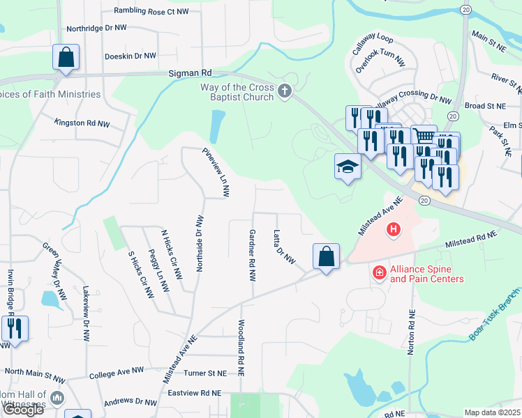 map of restaurants, bars, coffee shops, grocery stores, and more near 1447 Gardner Road Northwest in Conyers