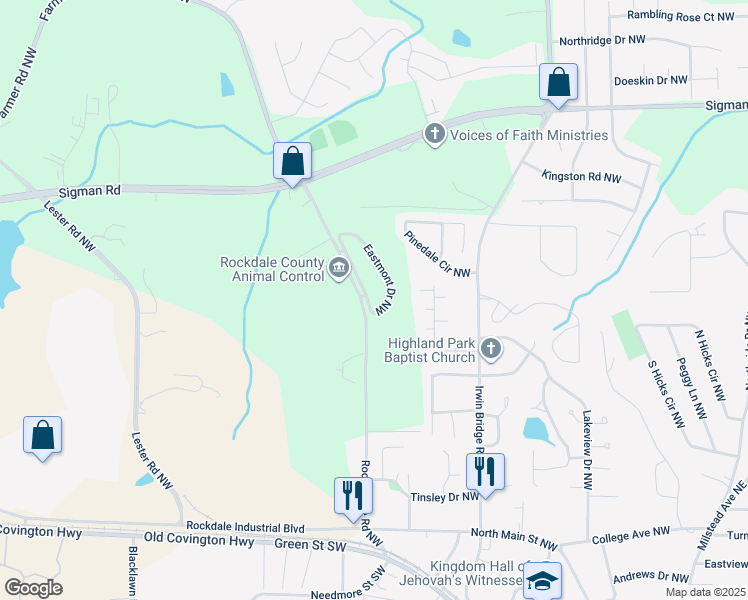 map of restaurants, bars, coffee shops, grocery stores, and more near 1496 Rockbridge Road Northwest in Conyers