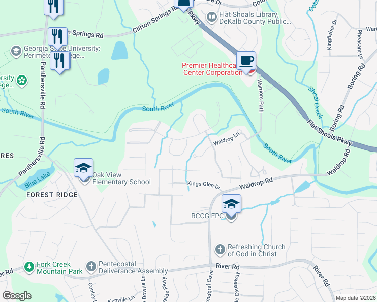 map of restaurants, bars, coffee shops, grocery stores, and more near 3911 Waldrop Lane in Decatur