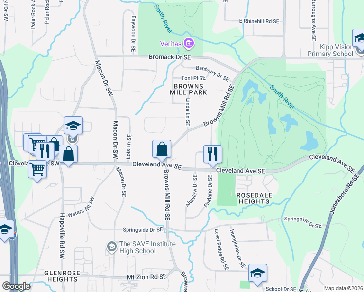 map of restaurants, bars, coffee shops, grocery stores, and more near 2598 Browns Mill Road Southeast in Atlanta