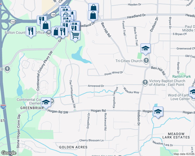 map of restaurants, bars, coffee shops, grocery stores, and more near 2920 Piney Wood Drive in East Point