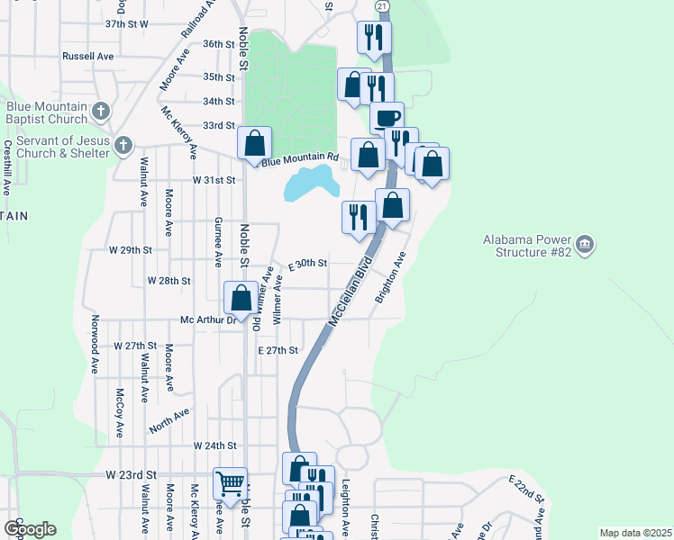 map of restaurants, bars, coffee shops, grocery stores, and more near 304 East 30th Street in Anniston