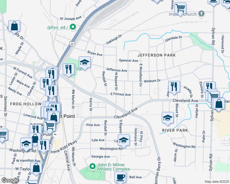 map of restaurants, bars, coffee shops, grocery stores, and more near 1325 East Forrest Avenue in East Point