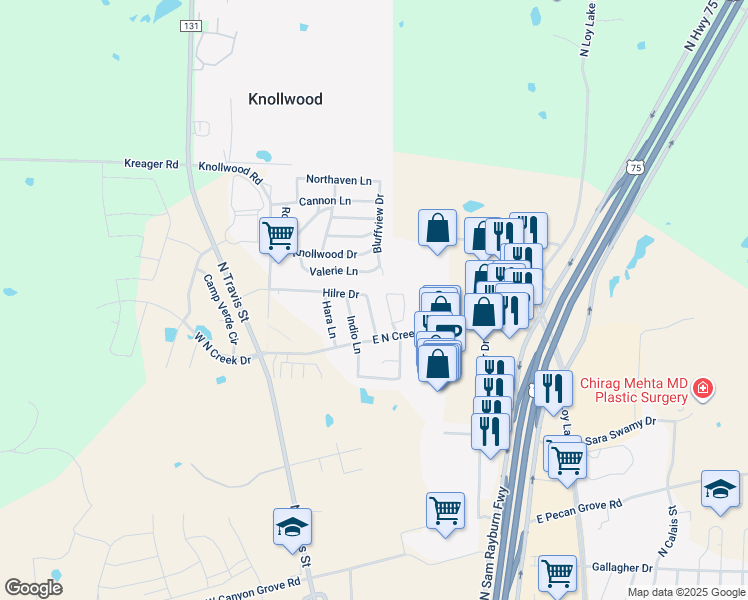 map of restaurants, bars, coffee shops, grocery stores, and more near 4909 Hilre Drive in Sherman