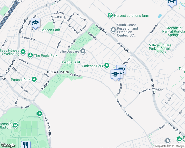 map of restaurants, bars, coffee shops, grocery stores, and more near 128 Character in Irvine